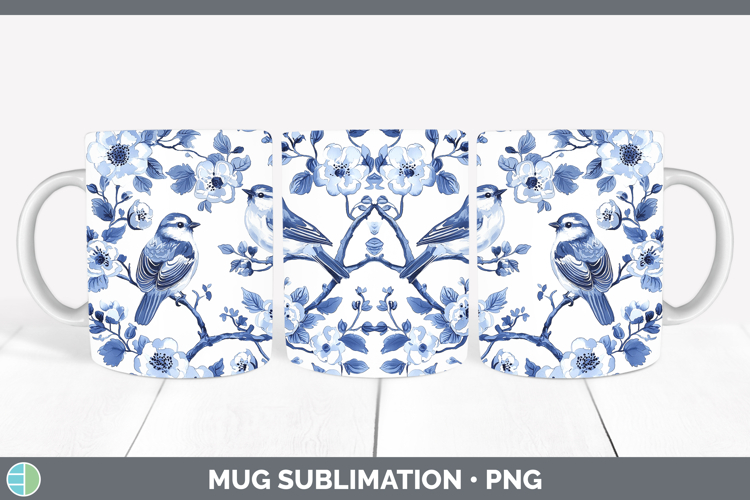 Blue Chinoiserie Birds Snow Bunting Mug Wrap Sublimation Cof