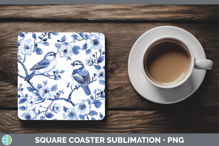 Blue Chinoiserie Birds Snow Bunting Square Coaster Sublimati