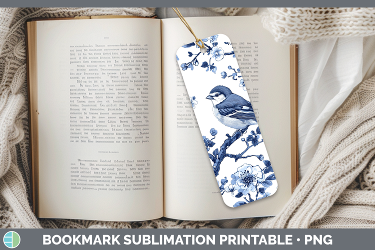 Blue Chinoiserie Birds Sparrow Bookmark Sublimation Printabl