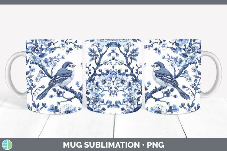 Blue Chinoiserie Birds Sparrow Mug Wrap Sublimation Coffee C