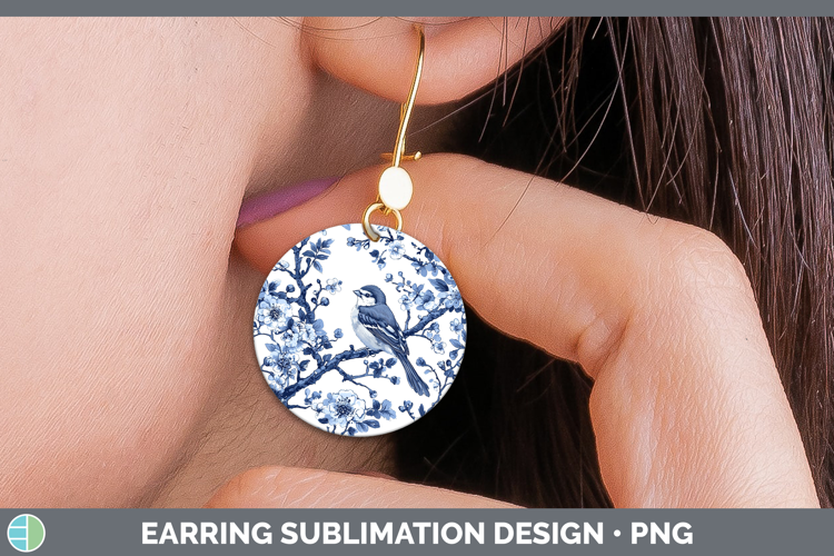 Blue Chinoiserie Birds Sparrow Round Earrings Sublimation Ea