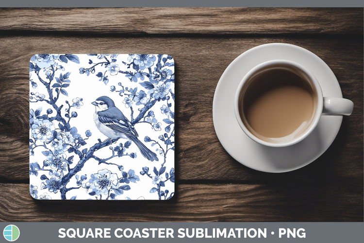 Blue Chinoiserie Birds Sparrow Square Coaster Sublimation Co