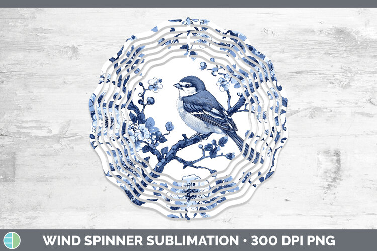 GorgeousBlue Chinoiserie Birds Wind Spinner design.