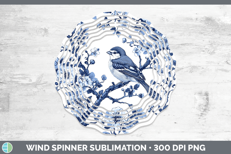 Blue Chinoiserie Birds Sparrow Wind Spinner Sublimation Spin