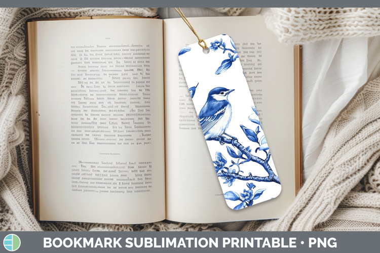 Blue Chinoiserie Birds Warbler Bookmark Sublimation Printabl