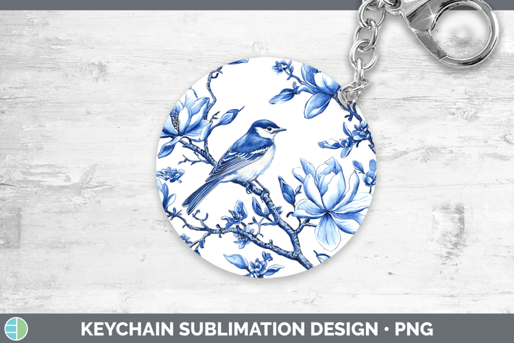 Blue Chinoiserie Birds Warbler Keychain Sublimation Keyring