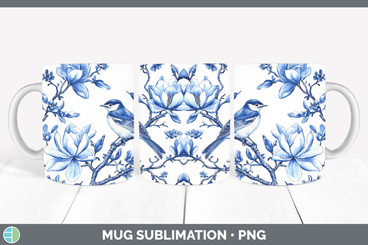 Blue Chinoiserie Birds Warbler Mug Wrap Sublimation Coffee C