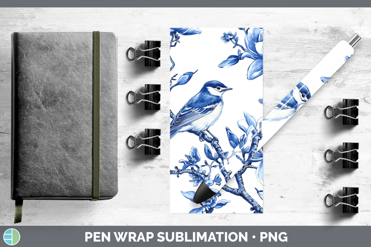 Blue Chinoiserie Birds Warbler Pen Wrap Sublimation Pen Desi