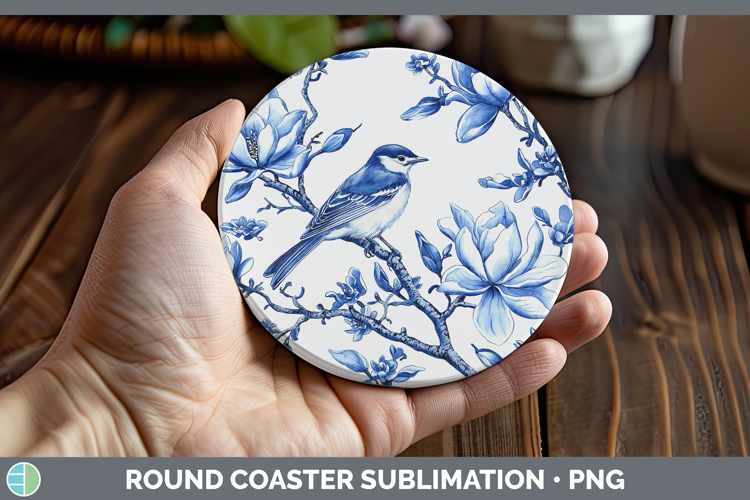 Blue Chinoiserie Birds Warbler Round Coaster Sublimation Coa