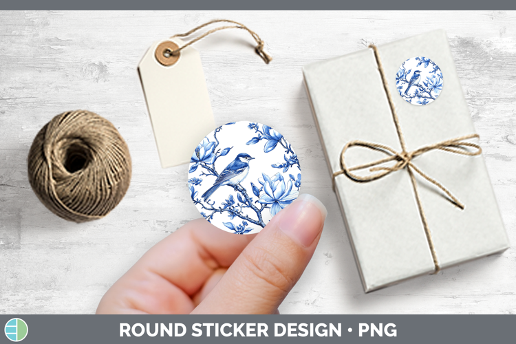 Blue Chinoiserie Birds Warbler Stickers | Round Labels Desig