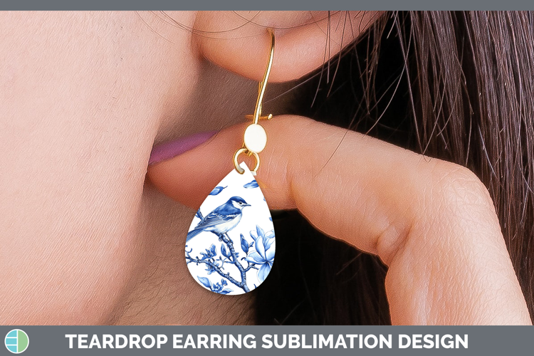 Blue Chinoiserie Birds Warbler Teardrop Earrings Sublimation