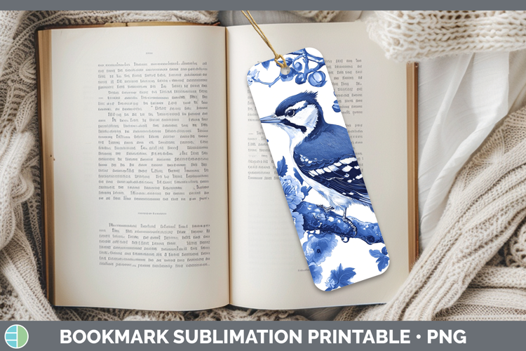 Blue Chinoiserie Birds Woodpecker Downy Bookmark Sublimation
