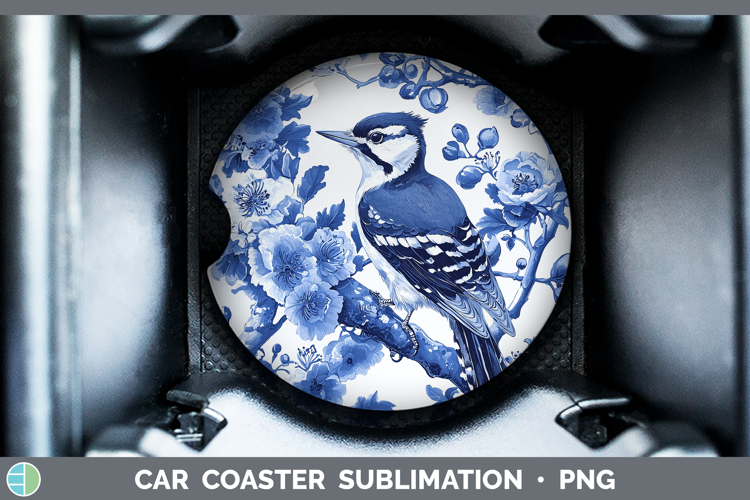 Blue Chinoiserie Birds Woodpecker Downy Car Coaster Sublimat