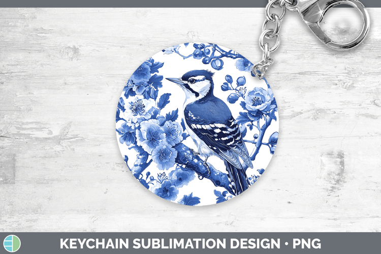 Blue Chinoiserie Birds Woodpecker Downy Keychain Sublimation