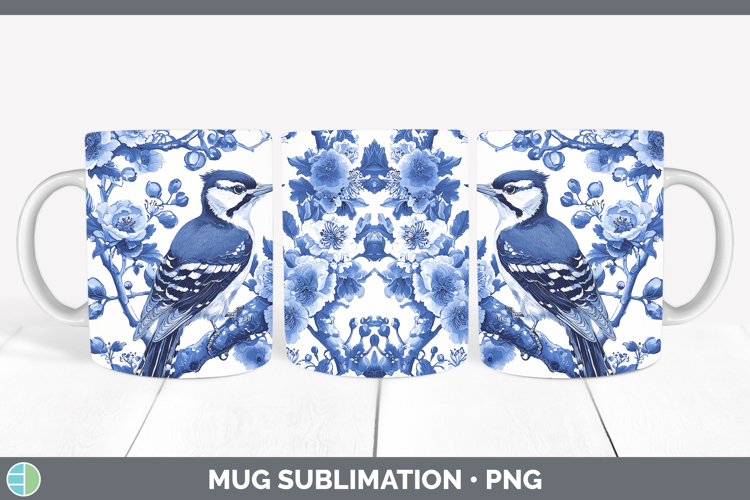 Blue Chinoiserie Birds Woodpecker Downy Mug Wrap Sublimation