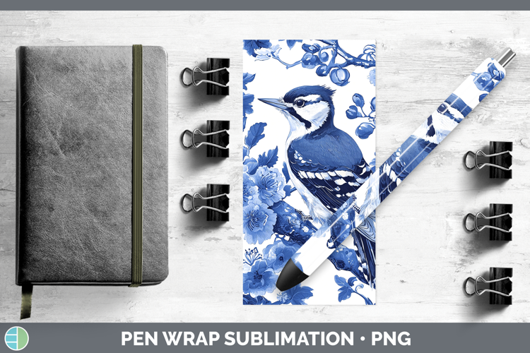 Blue Chinoiserie Birds Woodpecker Downy Pen Wrap Sublimation