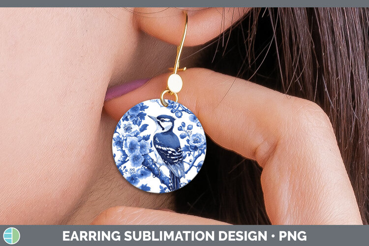 GorgeousBlue Chinoiserie Birds Round Earrings design.