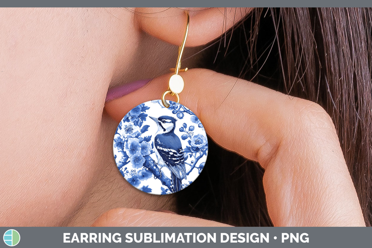 Blue Chinoiserie Birds Woodpecker Downy Round Earrings Subli