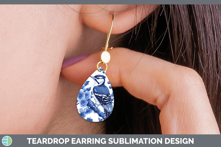 Blue Chinoiserie Birds Woodpecker Downy Teardrop Earrings Su