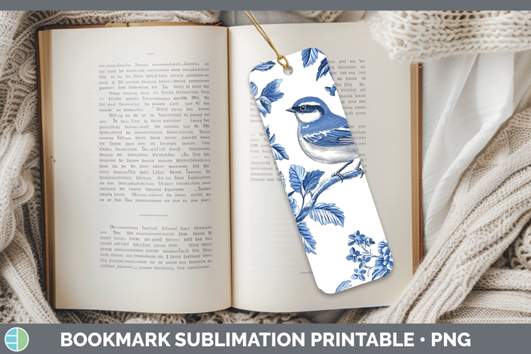 Blue Chinoiserie Birds Wren Bookmark Sublimation Printable D