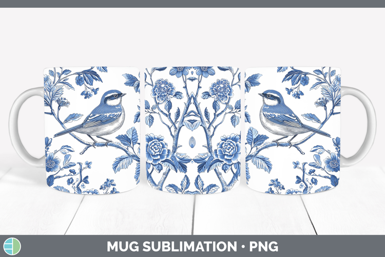 Blue Chinoiserie Birds Wren Mug Wrap Sublimation Coffee Cup