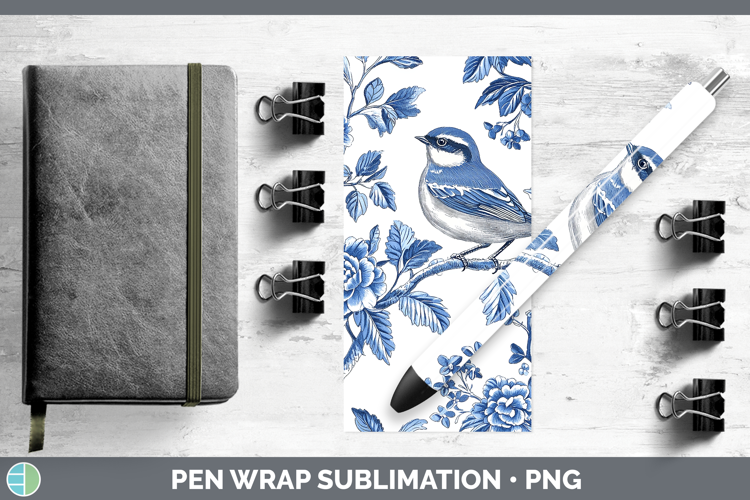 Blue Chinoiserie Birds Wren Pen Wrap Sublimation Pen Designs