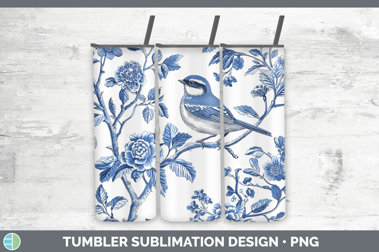 Blue Chinoiserie Birds Wren Tumbler Sublimation 20 oz Skinny