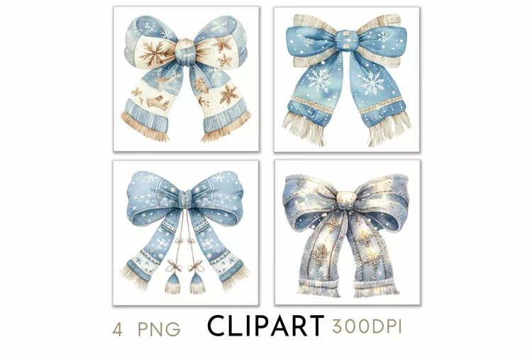 Blue Christmas Bows Illustrations Watercolor PNG