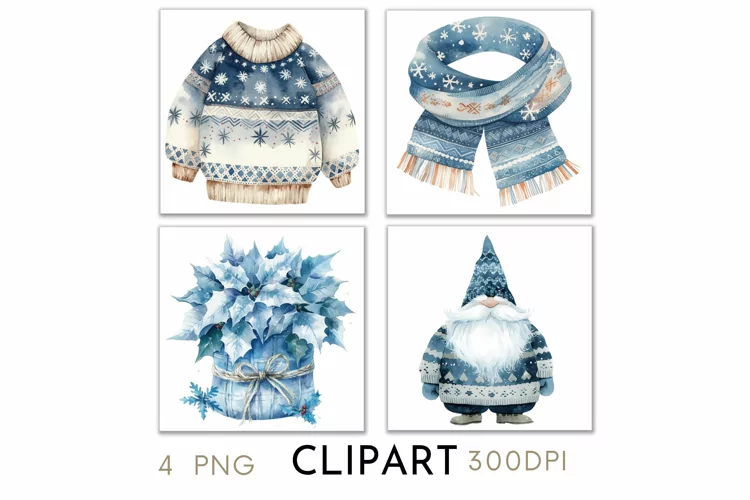 Blue Christmas Illustrations Watercolor PNG