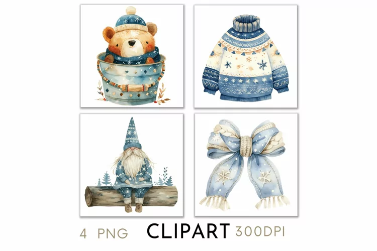 Blue Christmas Illustrations Watercolor PNG