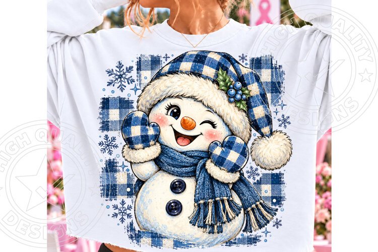 Blue Christmas Snowman PNG | Buffalo Plaid Cozy Winter Subli example image 1