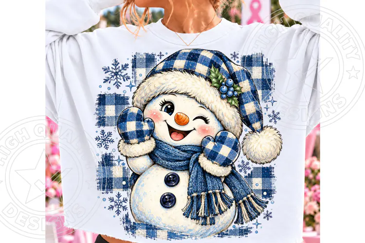 Blue Christmas Snowman PNG | Buffalo Plaid Cozy Winter Subli