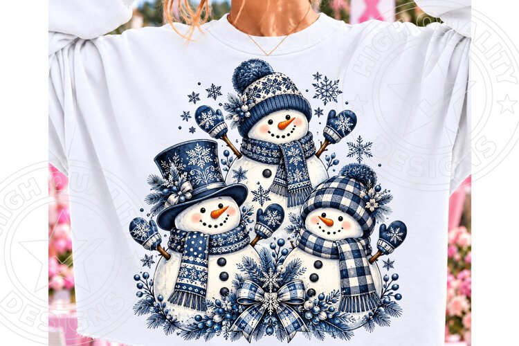 Blue Christmas Snowmen PNG | Blue Plaid Winter Sublimation D example image 1