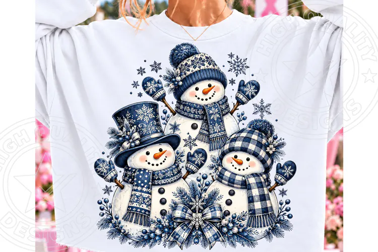 Blue Christmas Snowmen PNG | Blue Plaid Winter Sublimation D