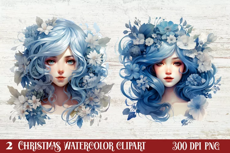 Blue Christmas Watercolor Clipart, Blue Christmas Sublimatio