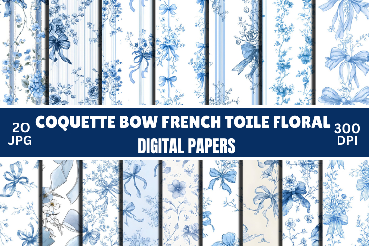 Blue Coquette Bow French Toile Floral Digital Paper