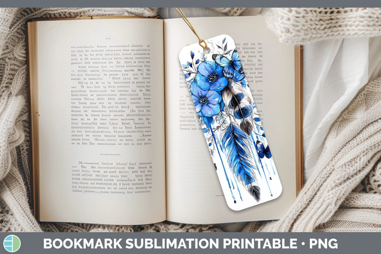 Blue Drips Boho Feathers Bookmark Sublimation Printable Desi