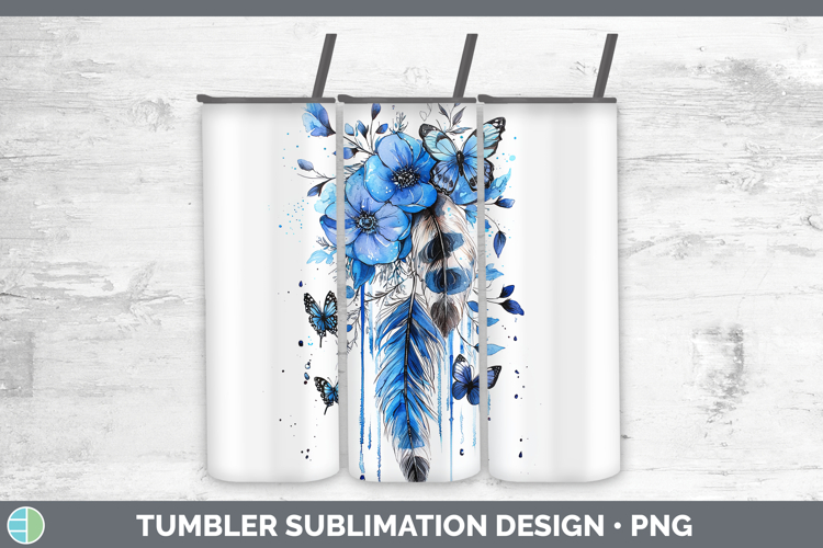 Blue Drips Boho Feathers Tumbler Sublimation 20 oz Skinny Tu