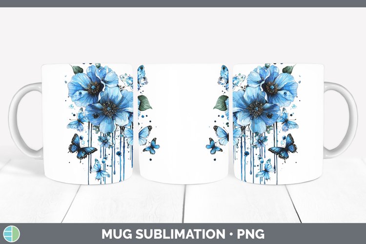 Blue Drips Boho Florals Mug Wrap Sublimation Coffee Cup Desi