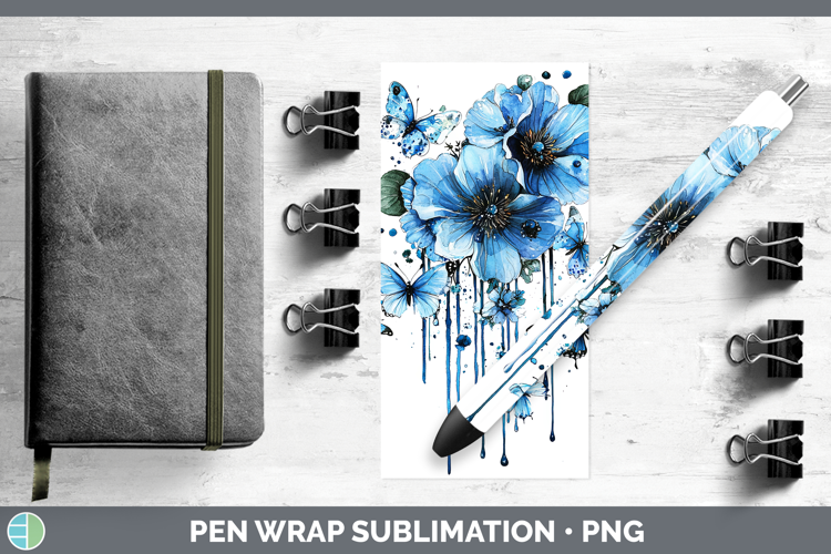 Blue Drips Boho Florals Pen Wrap Sublimation Pen Designs