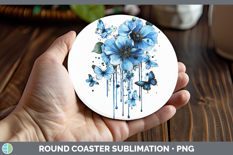 Blue Drips Boho Florals Round Coaster Sublimation Coaster De