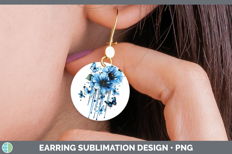 Blue Drips Boho Florals Round Earrings Sublimation Earrings