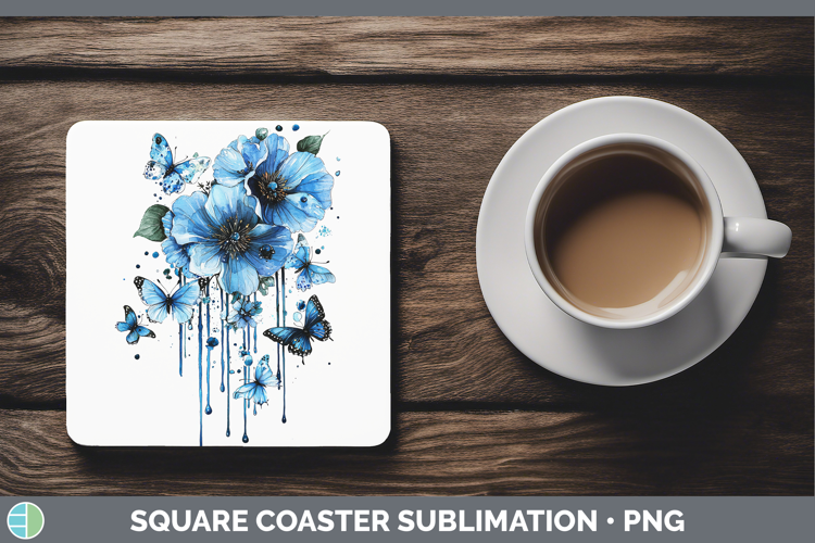 Blue Drips Boho Florals Square Coaster Sublimation Coaster D