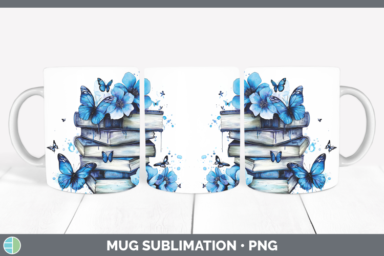 Blue Drips Book Stack Mug Wrap Sublimation Coffee Cup Design