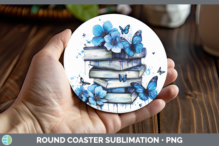 Blue Drips Book Stack Round Coaster Sublimation Coaster Desi