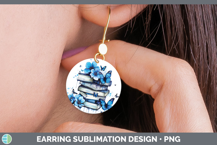Blue Drips Book Stack Round Earrings Sublimation Earrings De