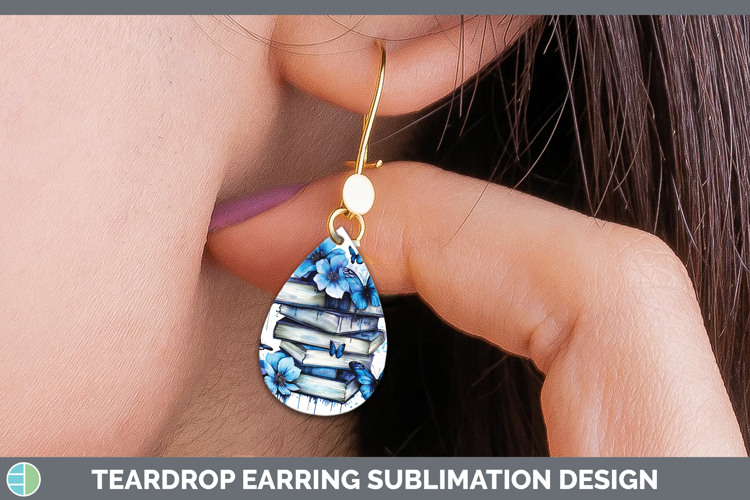 Blue Drips Book Stack Teardrop Earrings Sublimation Earrings