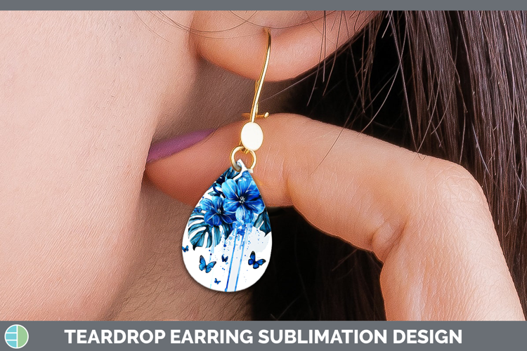 Blue Drips Monstera Teardrop Earrings Sublimation Earrings D