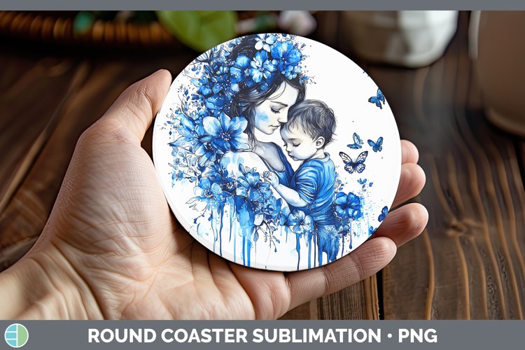 Blue Drips Mother Child Round Coaster Sublimation Coaster De