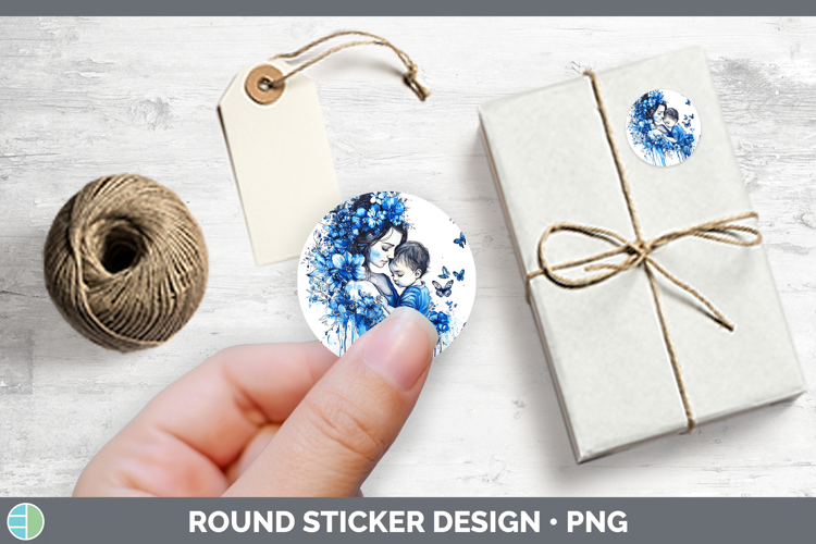 Blue Drips Mother Child Stickers | Round Labels Designs